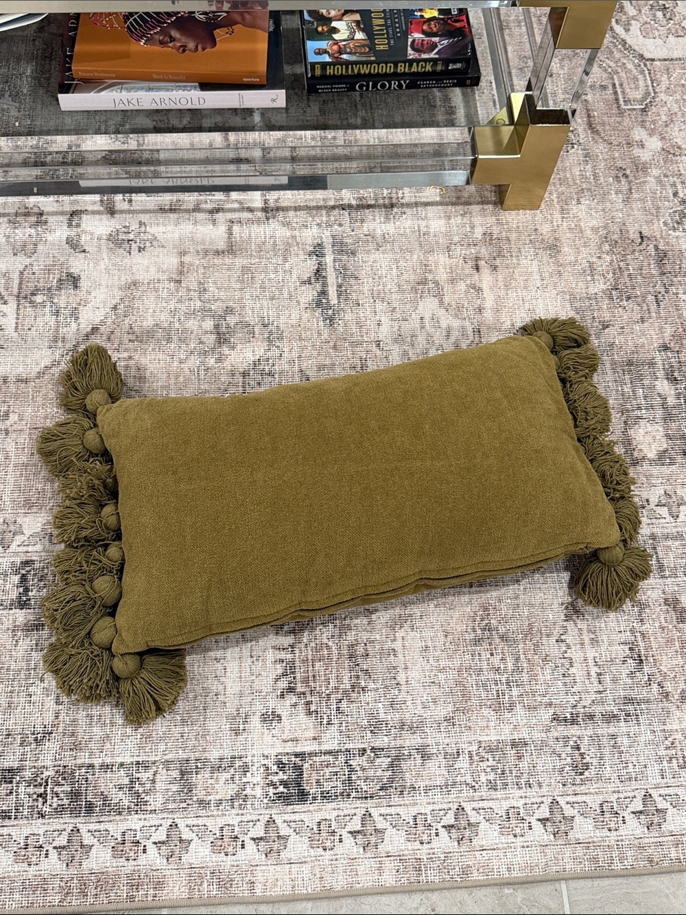 Olive Green Throw Pillow with Tassels